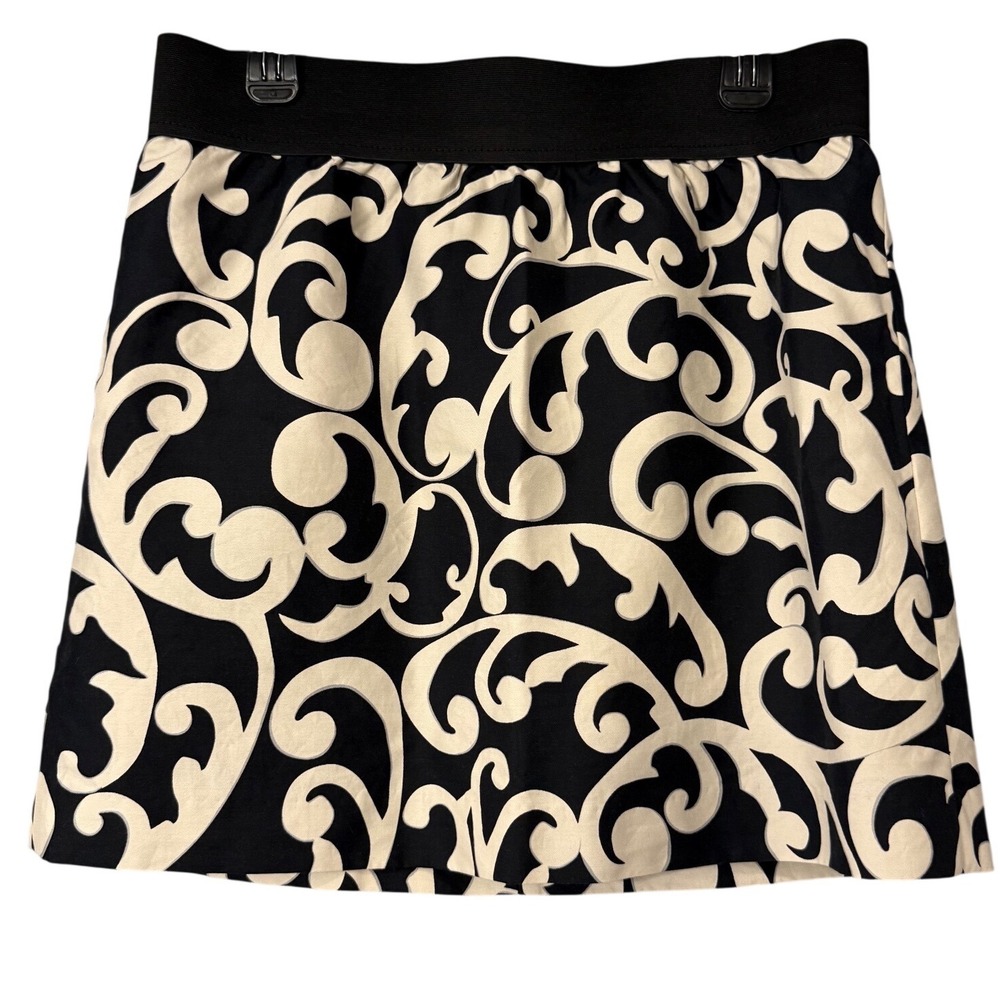 Ann‎ Taylor LOFT Black Cream Scroll Print A Line Mini Skirt Size 10
